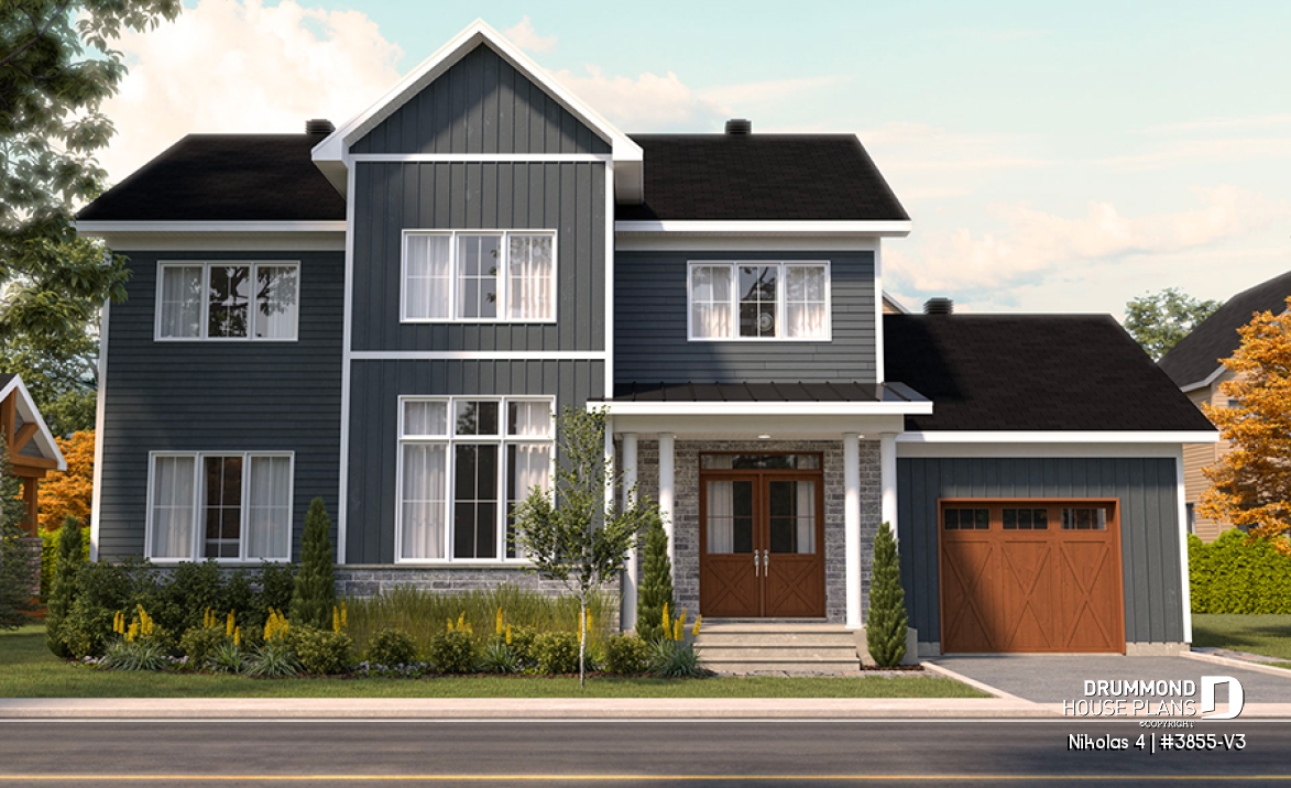 front - BASE MODEL - Beautiful country farmhouse style house plan with 3 bedrooms, garage, den, pantry, mudroom - Nikolas 4