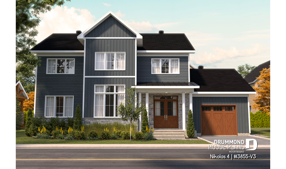 front - BASE MODEL - Beautiful country farmhouse style house plan with 3 bedrooms, garage, den, pantry, mudroom - Nikolas 4