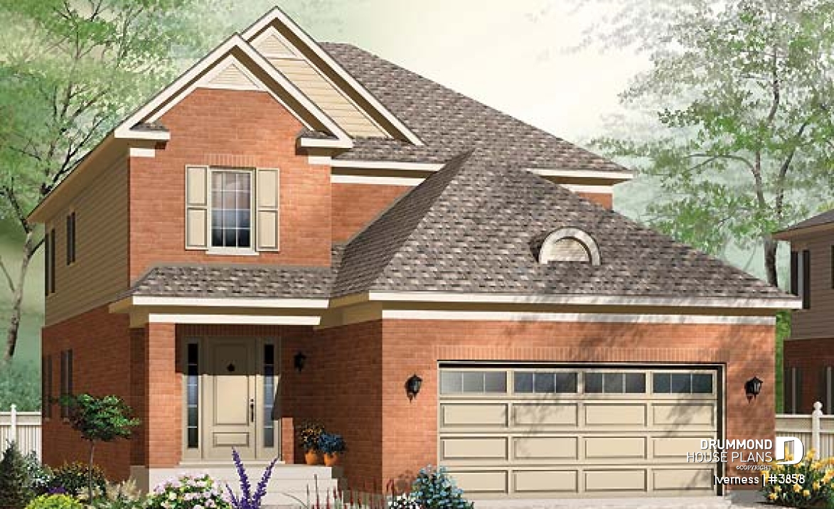 front - BASE MODEL - Narrow lot house plan, master suite, home office, secondary beds with jack and jill bathroom - Iverness