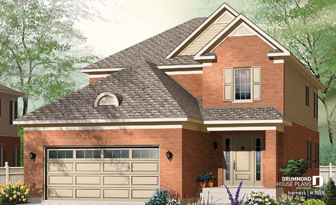 front - BASE MODEL - Narrow lot house plan, master suite, home office, secondary beds with jack and jill bathroom - Iverness