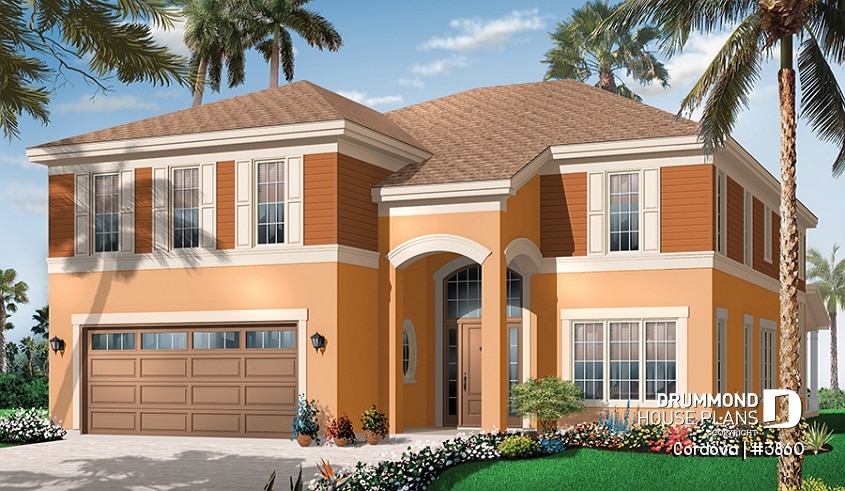 front - BASE MODEL - Mediterranean 4 bedroom house plan with master ensuite, mezzanine, garage, home office and large lanai - Cordova