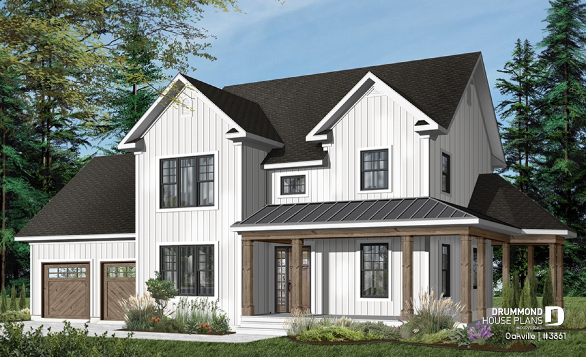 Color version 1 - Front - Modern farmhouse home plan, 2-car garage, 3 bedrooms, laundry room on second floor, home office - Oakville