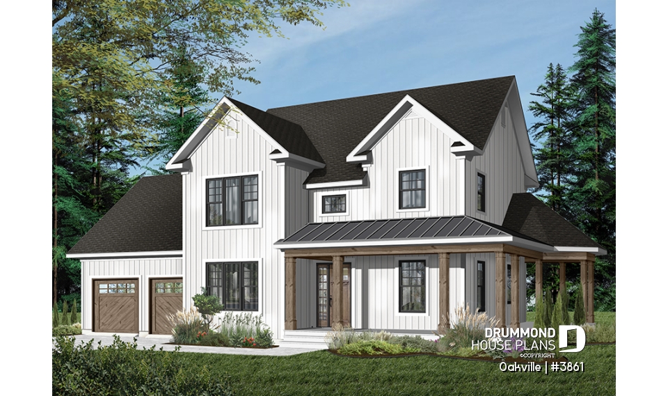 Color version 1 - Front - Modern farmhouse home plan, 2-car garage, 3 bedrooms, laundry room on second floor, home office - Oakville