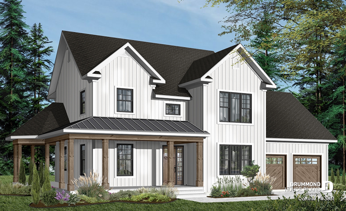 Color version 1 - Front - Modern farmhouse home plan, 2-car garage, 3 bedrooms, laundry room on second floor, home office - Oakville