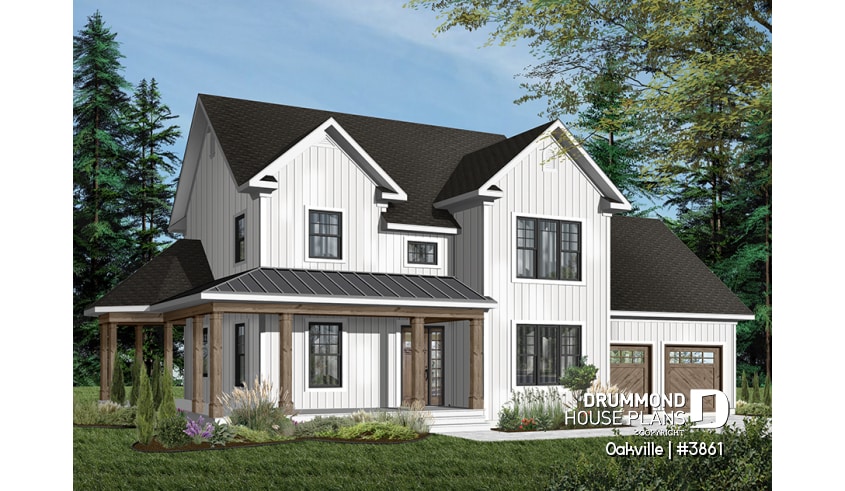 Color version 1 - Front - Modern farmhouse home plan, 2-car garage, 3 bedrooms, laundry room on second floor, home office - Oakville