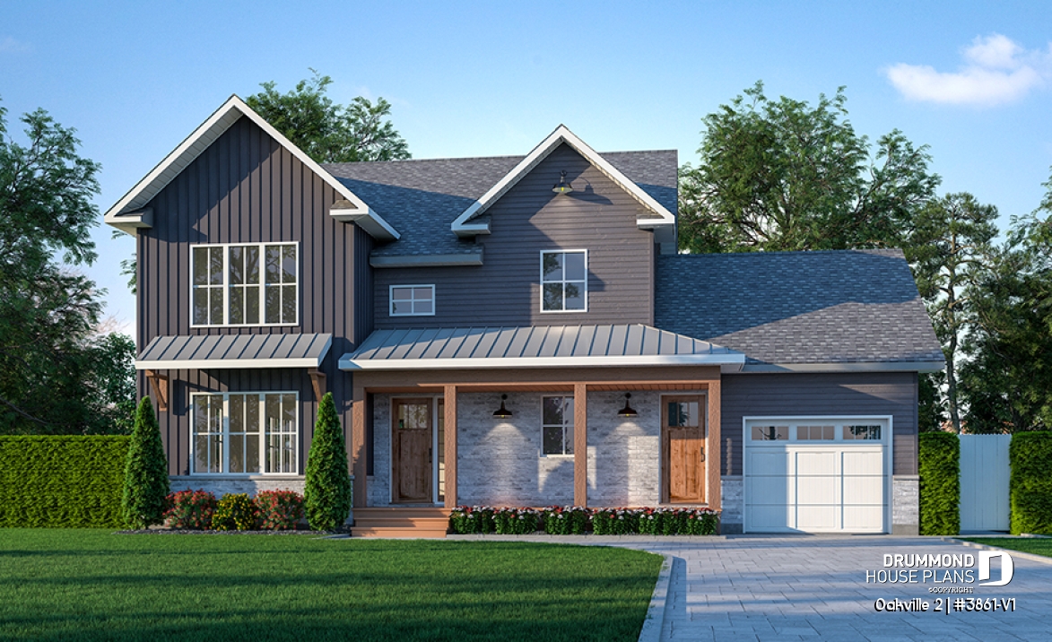 front - BASE MODEL - 2-Storey 3 bedroom Farmhouse home design with garage, den, kitchen with large island and pantry - Oakville 2