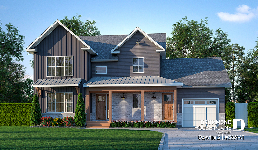 front - BASE MODEL - 2-Storey 3 bedroom Farmhouse home design with garage, den, kitchen with large island and pantry - Oakville 2