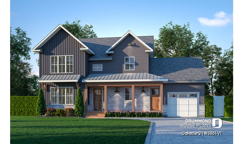 front - BASE MODEL - 2-Storey 3 bedroom Farmhouse home design with garage, den, kitchen with large island and pantry - Oakville 2