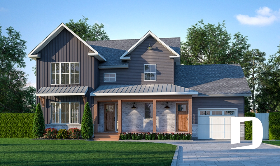 front - BASE MODEL - 2-Storey 3 bedroom Farmhouse home design with garage, den, kitchen with large island and pantry - Oakville 2