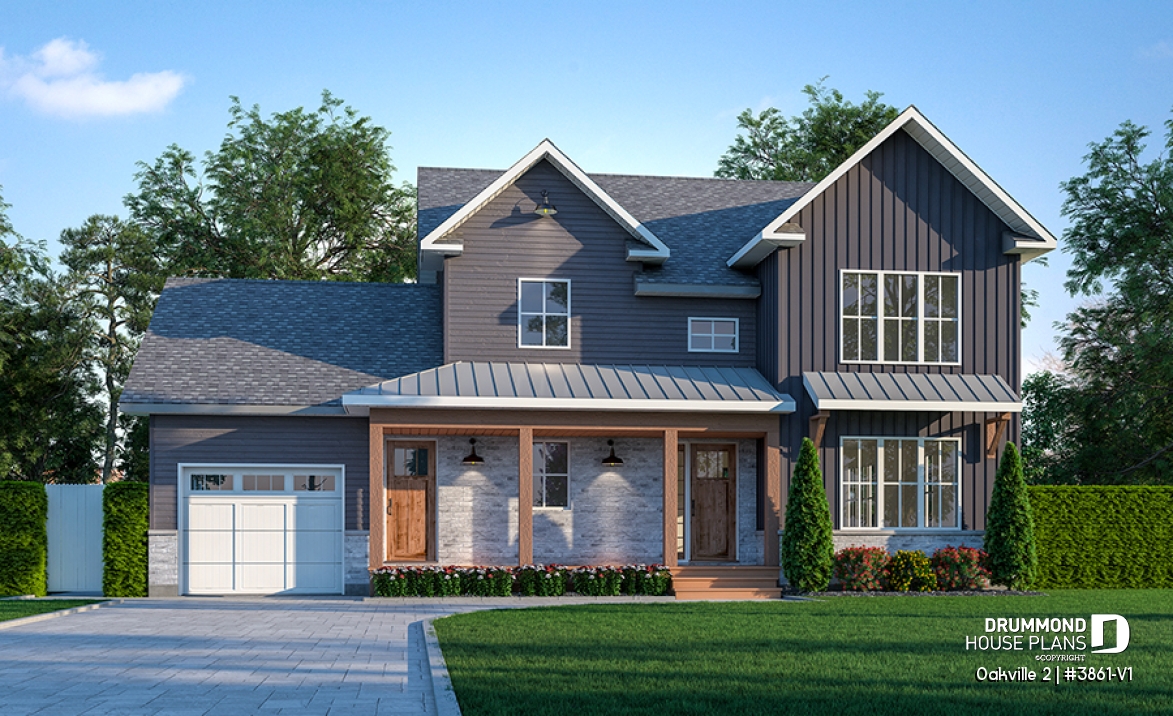 front - BASE MODEL - 2-Storey 3 bedroom Farmhouse home design with garage, den, kitchen with large island and pantry - Oakville 2