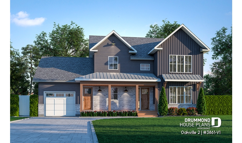 front - BASE MODEL - 2-Storey 3 bedroom Farmhouse home design with garage, den, kitchen with large island and pantry - Oakville 2