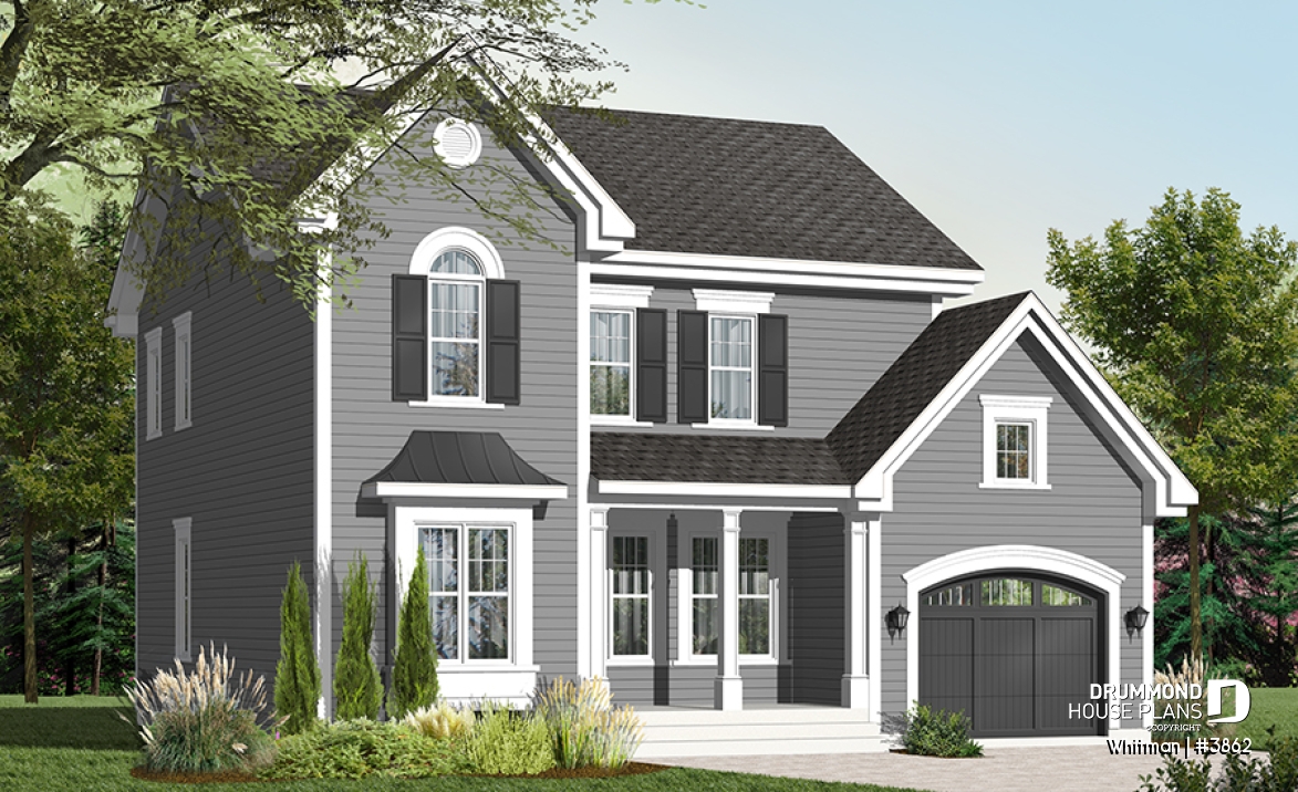 Color version 2 - Front - Affordable American style home plan with 3 bedrooms and master suite, garage - Whitman