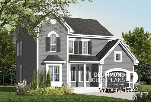 Color version 2 - Front - Affordable American style home plan with 3 bedrooms and master suite, garage - Whitman