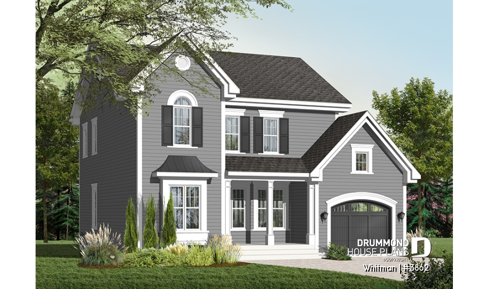 Color version 2 - Front - Affordable American style home plan with 3 bedrooms and master suite, garage - Whitman