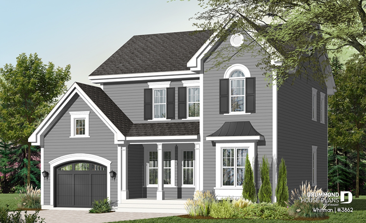 Color version 2 - Front - Affordable American style home plan with 3 bedrooms and master suite, garage - Whitman