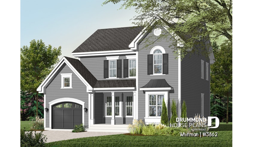 Color version 2 - Front - Affordable American style home plan with 3 bedrooms and master suite, garage - Whitman