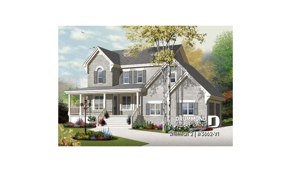 front - BASE MODEL - Great country house plan with master suite, well appointed kitchen and double garage - Whitman 2
