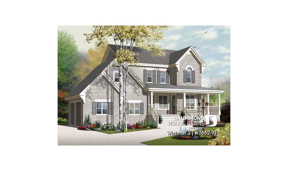 front - BASE MODEL - Great country house plan with master suite, well appointed kitchen and double garage - Whitman 2
