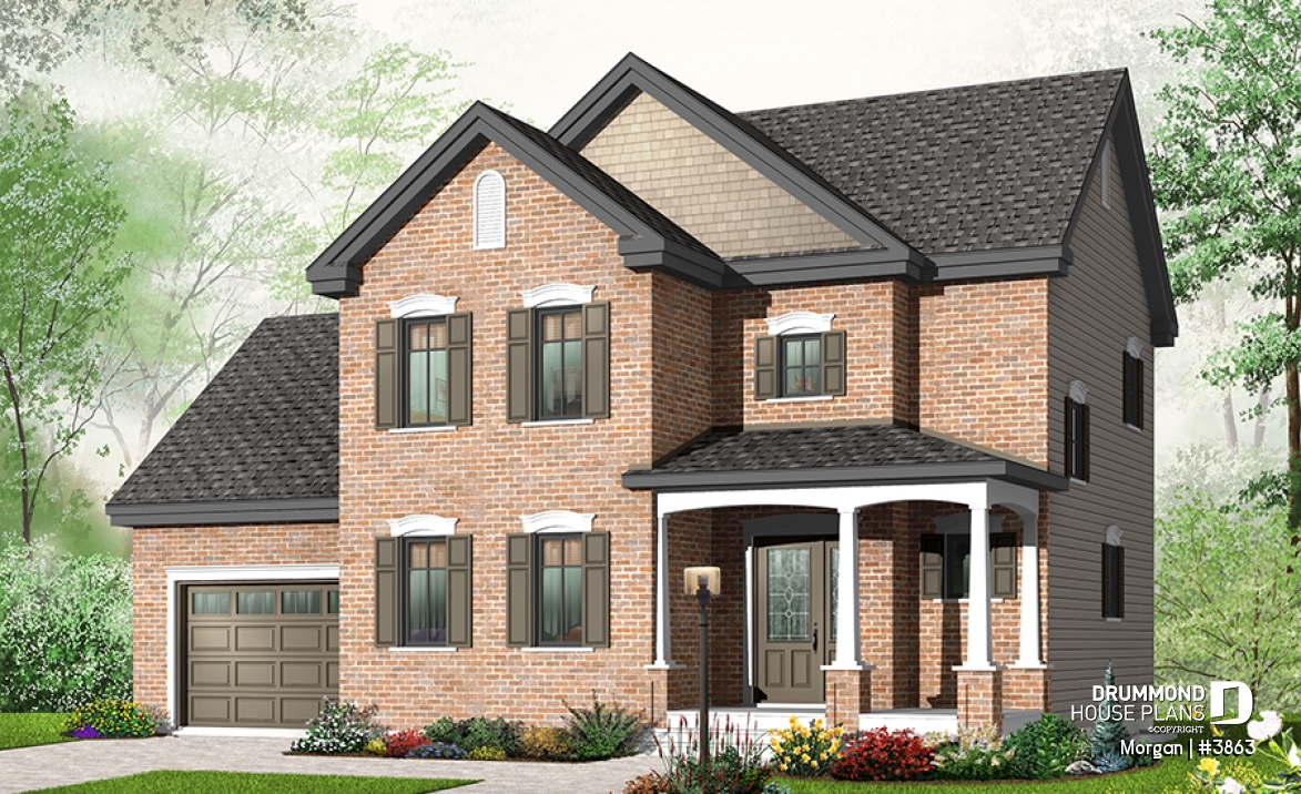 front - BASE MODEL - 3 bedroom European house plan with sunken living room, fireplace and garage - Morgan