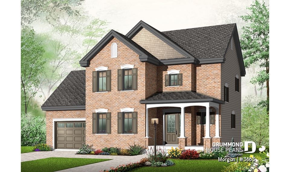 front - BASE MODEL - 3 bedroom European house plan with sunken living room, fireplace and garage - Morgan