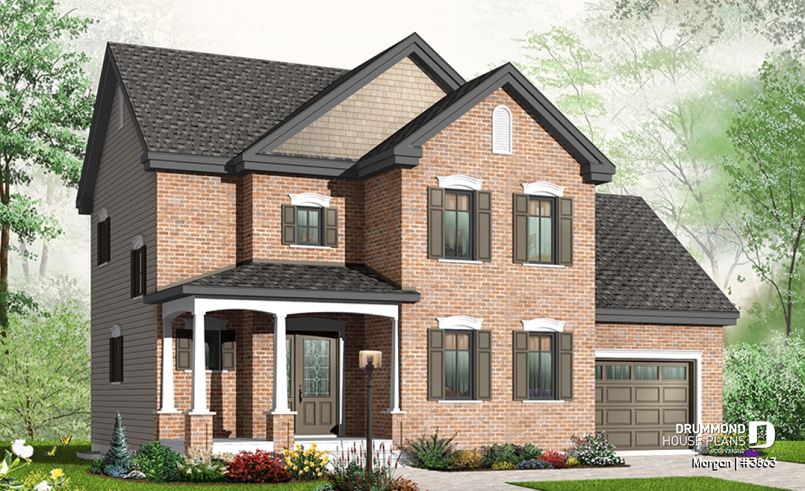 front - BASE MODEL - 3 bedroom European house plan with sunken living room, fireplace and garage - Morgan