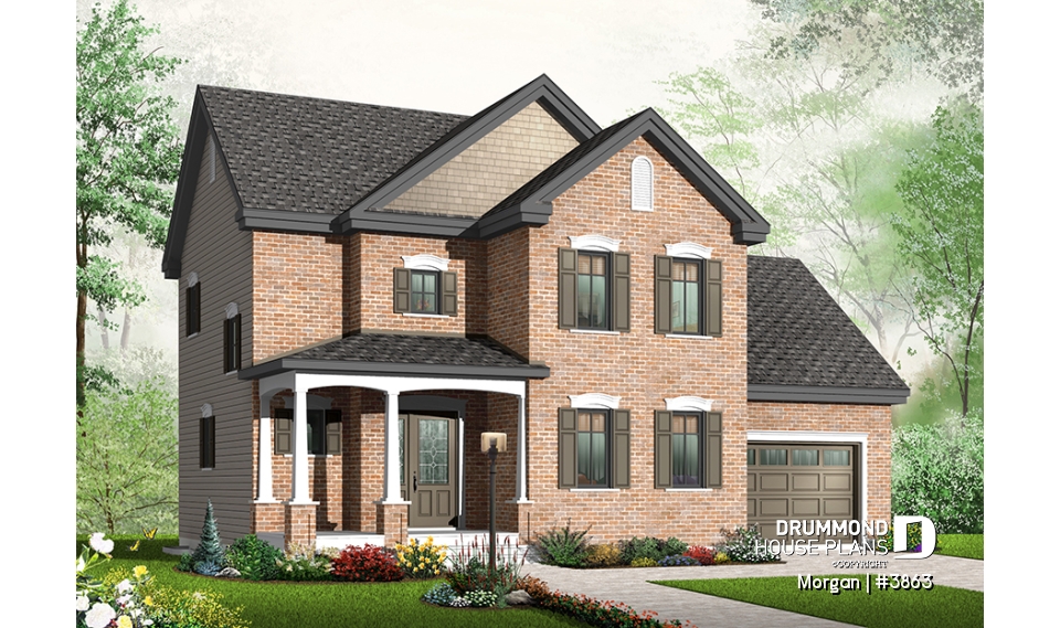 front - BASE MODEL - 3 bedroom European house plan with sunken living room, fireplace and garage - Morgan