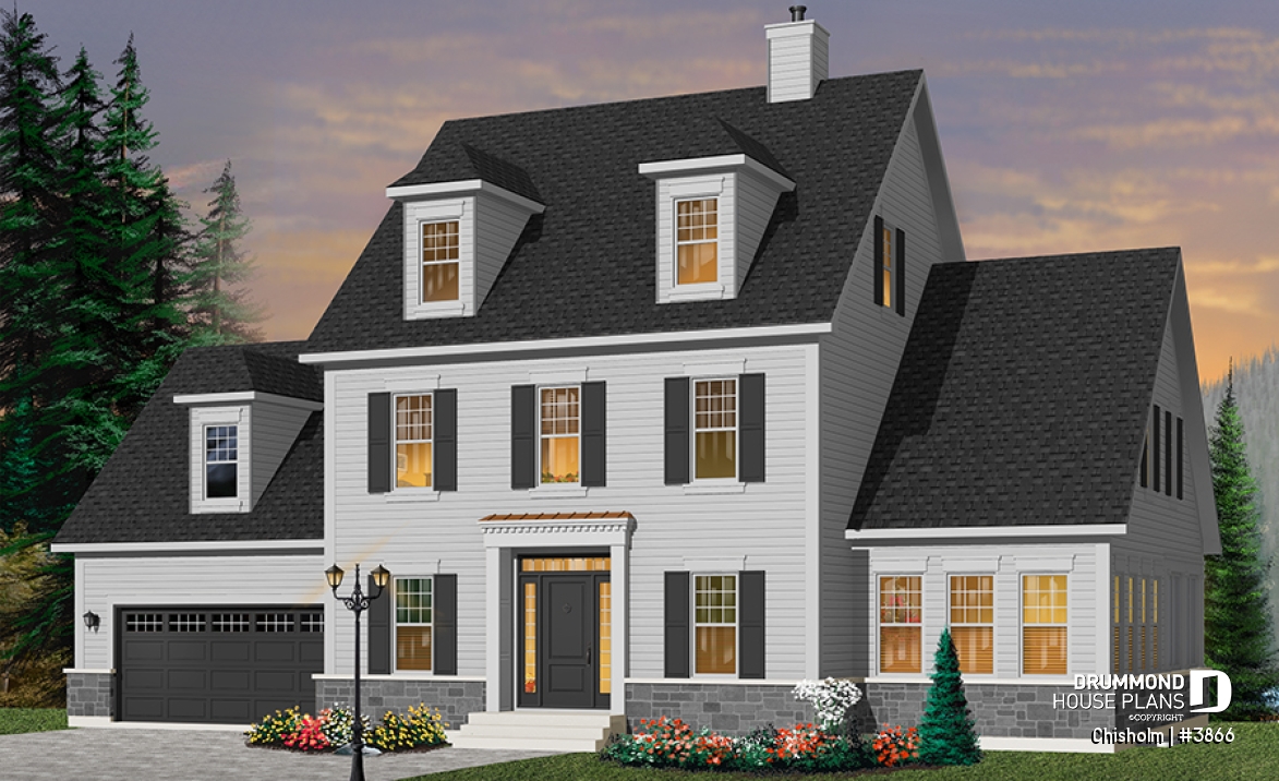 front - BASE MODEL - Three-level family house plan with open-concept layout, home office, bonus room, and unfinished basement - Chisholm