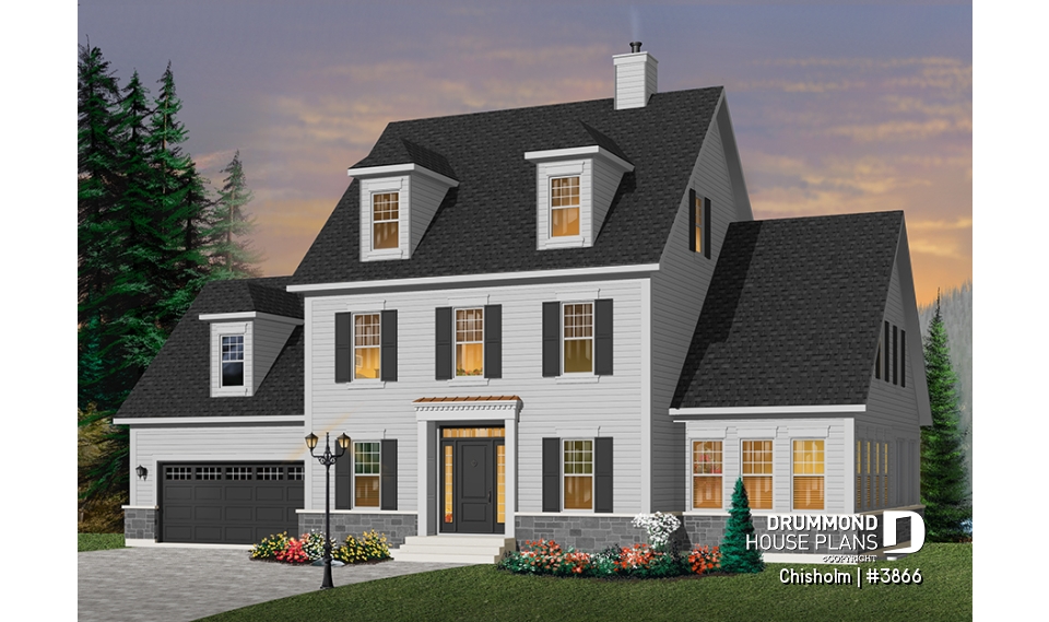 front - BASE MODEL - Three-level family house plan with open-concept layout, home office, bonus room, and unfinished basement - Chisholm