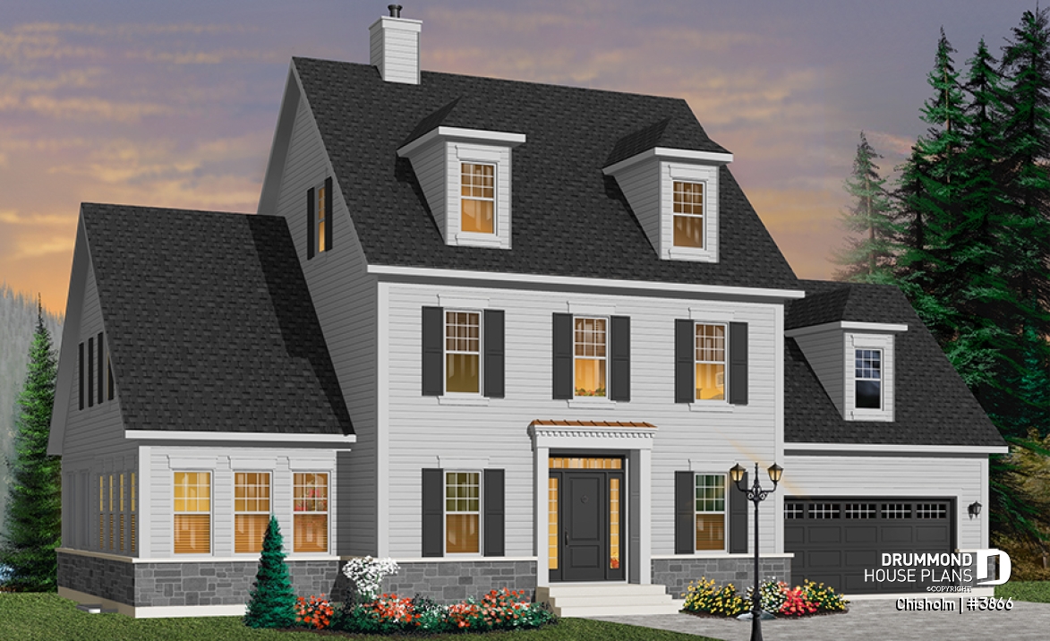 front - BASE MODEL - Three-level family house plan with open-concept layout, home office, bonus room, and unfinished basement - Chisholm