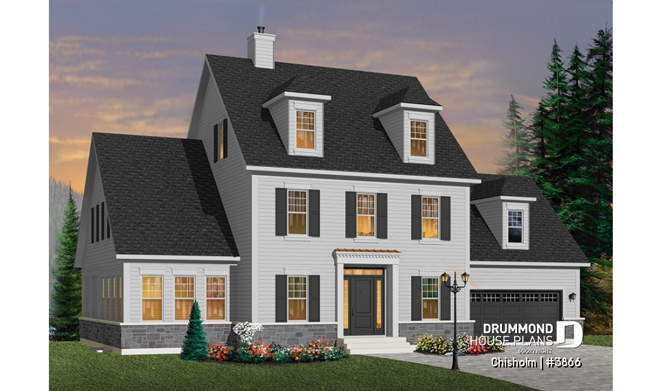 front - BASE MODEL - Three-level family house plan with open-concept layout, home office, bonus room, and unfinished basement - Chisholm