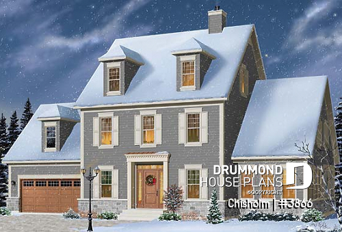 front - ORIGINAL MODEL - White colonial house plan with shutters, master suite with sitting area, home office, home gym & solarium - Chisholm