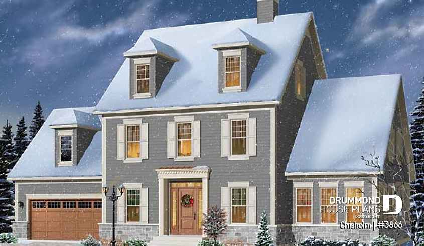 front - ORIGINAL MODEL - White colonial house plan with shutters, master suite with sitting area, home office, home gym & solarium - Chisholm