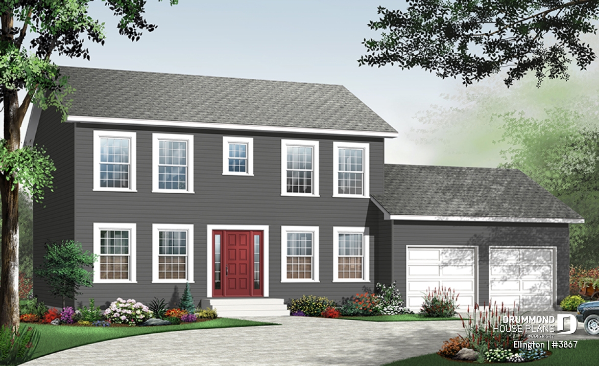 front - BASE MODEL - 4 bedroom Cape Cod style house plan, simple construction, 2-car garage with bonus storage space - Ellington
