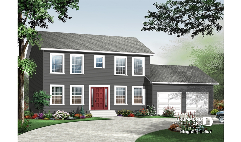 front - BASE MODEL - 4 bedroom Cape Cod style house plan, simple construction, 2-car garage with bonus storage space - Ellington