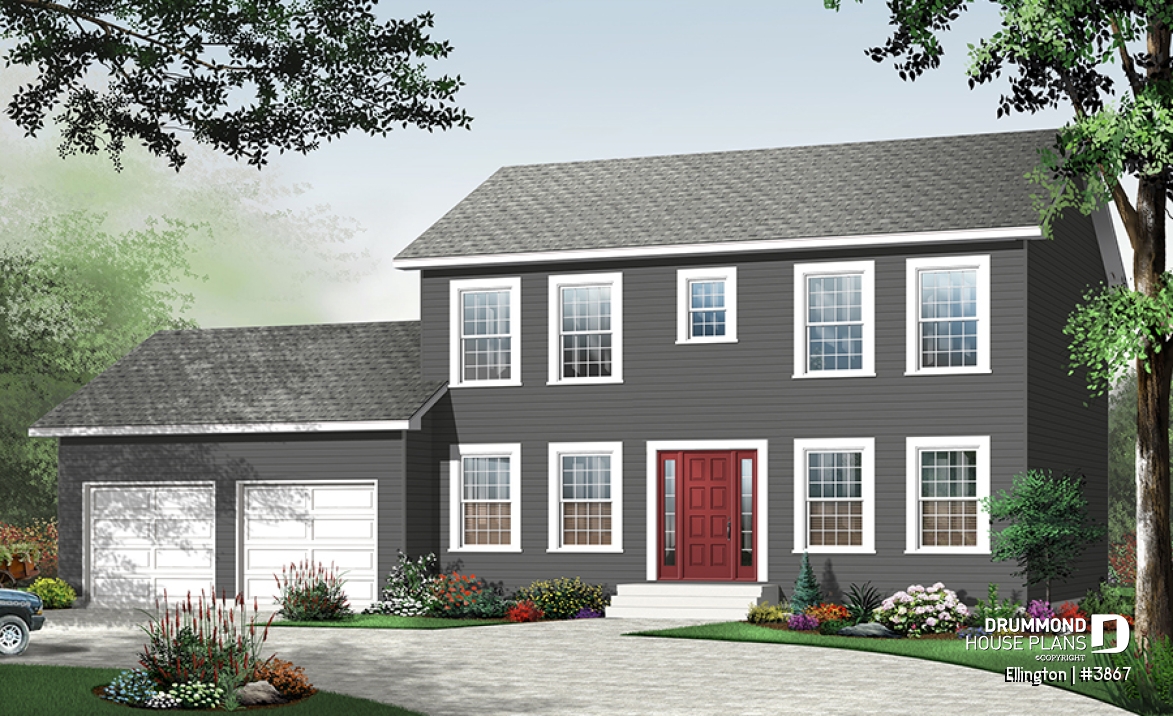 front - BASE MODEL - 4 bedroom Cape Cod style house plan, simple construction, 2-car garage with bonus storage space - Ellington