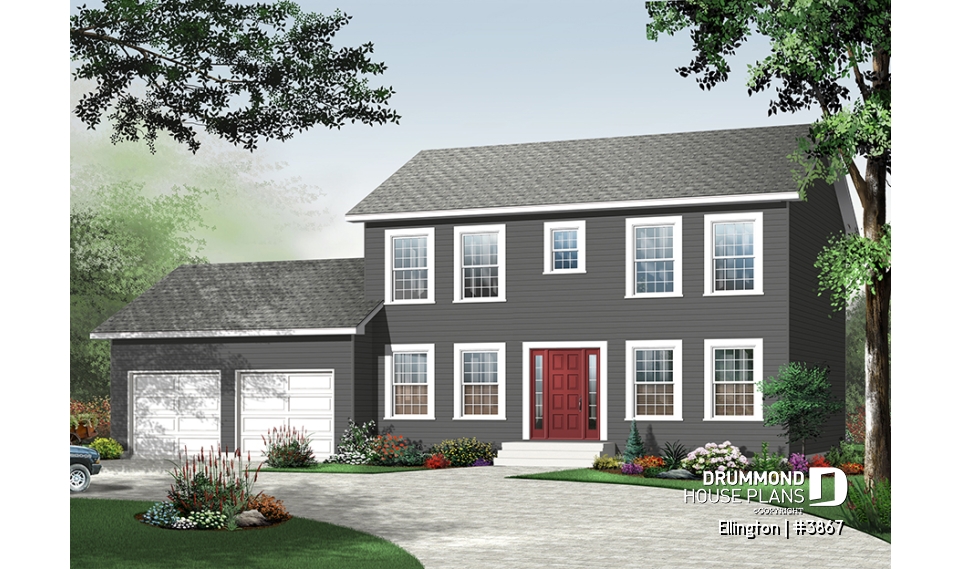 front - BASE MODEL - 4 bedroom Cape Cod style house plan, simple construction, 2-car garage with bonus storage space - Ellington