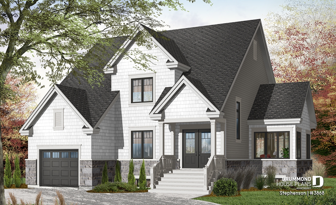 Color version 1 - Front - 4 bedroom, 3 bathroom Cap Cod house plan, large kitchen with island, formal dining, living room, fireplace - Stephenson