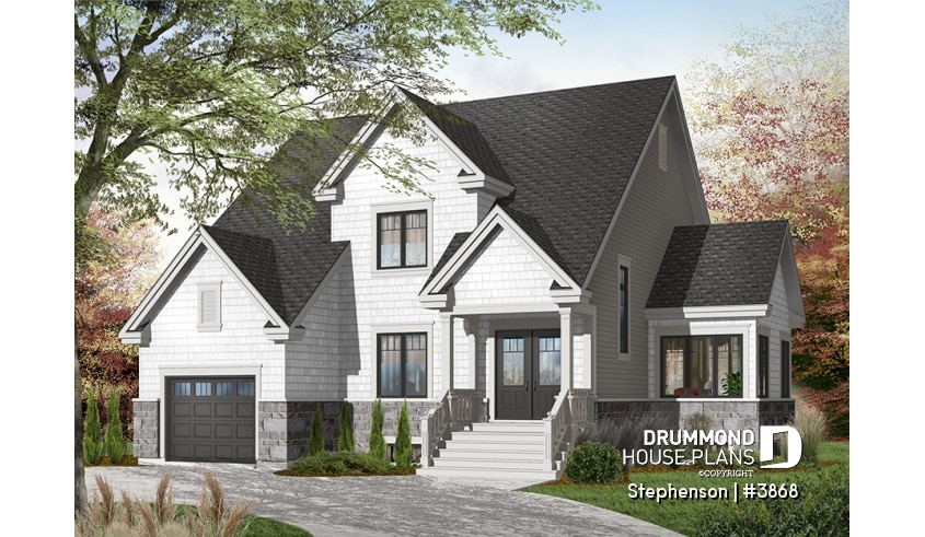 Color version 1 - Front - 4 bedroom, 3 bathroom Cap Cod house plan, large kitchen with island, formal dining, living room, fireplace - Stephenson