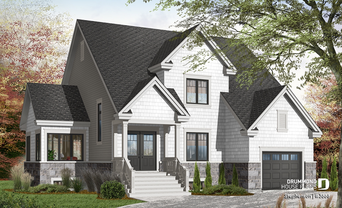 Color version 1 - Front - 4 bedroom, 3 bathroom Cap Cod house plan, large kitchen with island, formal dining, living room, fireplace - Stephenson