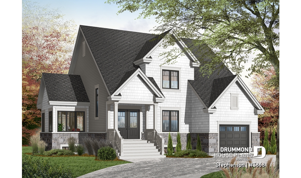 Color version 1 - Front - 4 bedroom, 3 bathroom Cap Cod house plan, large kitchen with island, formal dining, living room, fireplace - Stephenson
