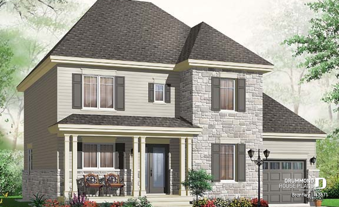 front - BASE MODEL - English style house plan, adjoining secondary bedrooms, large kitchen island, unfinished full basement - Brantley