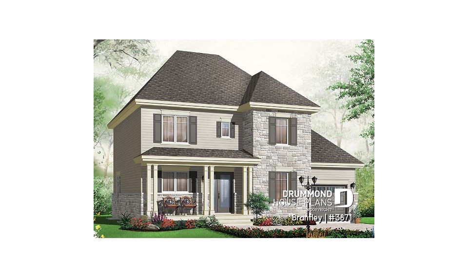 front - BASE MODEL - English style house plan, adjoining secondary bedrooms, large kitchen island, unfinished full basement - Brantley