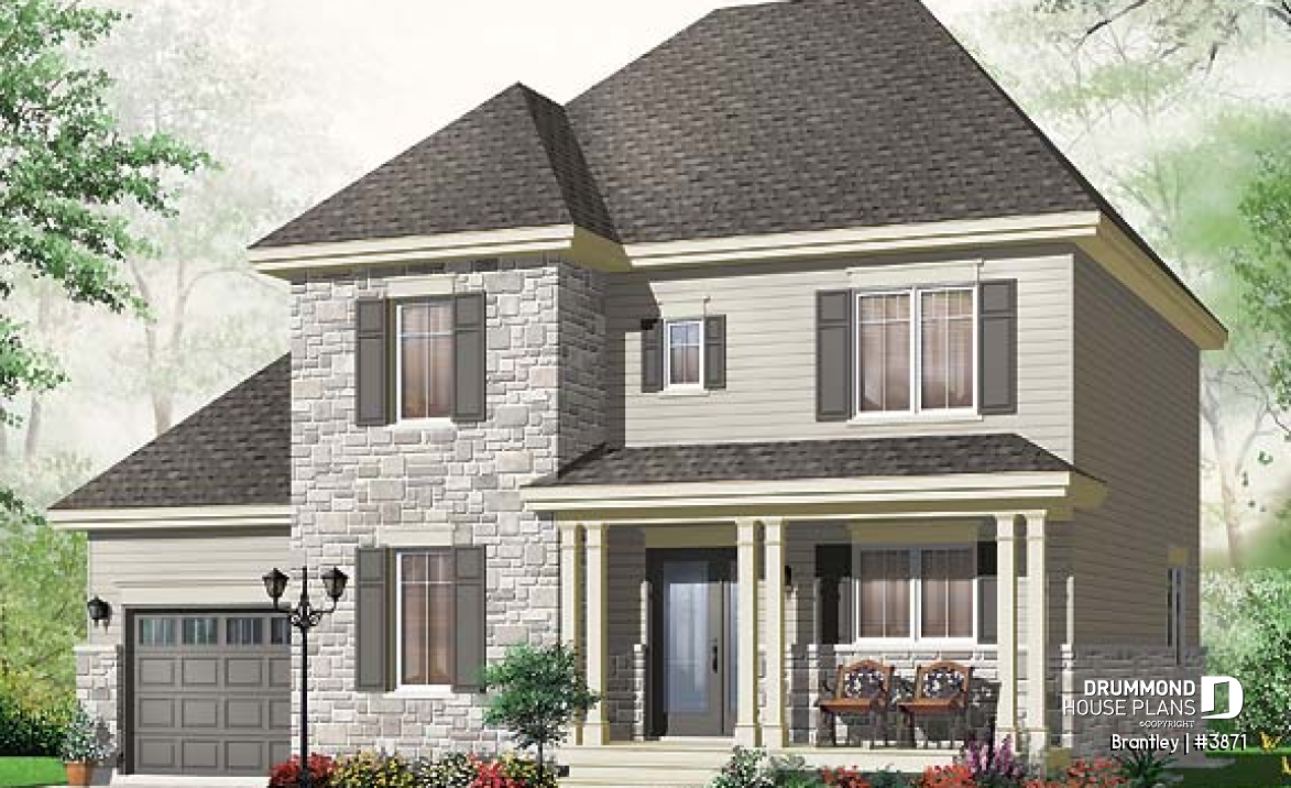 front - BASE MODEL - English style house plan, adjoining secondary bedrooms, large kitchen island, unfinished full basement - Brantley