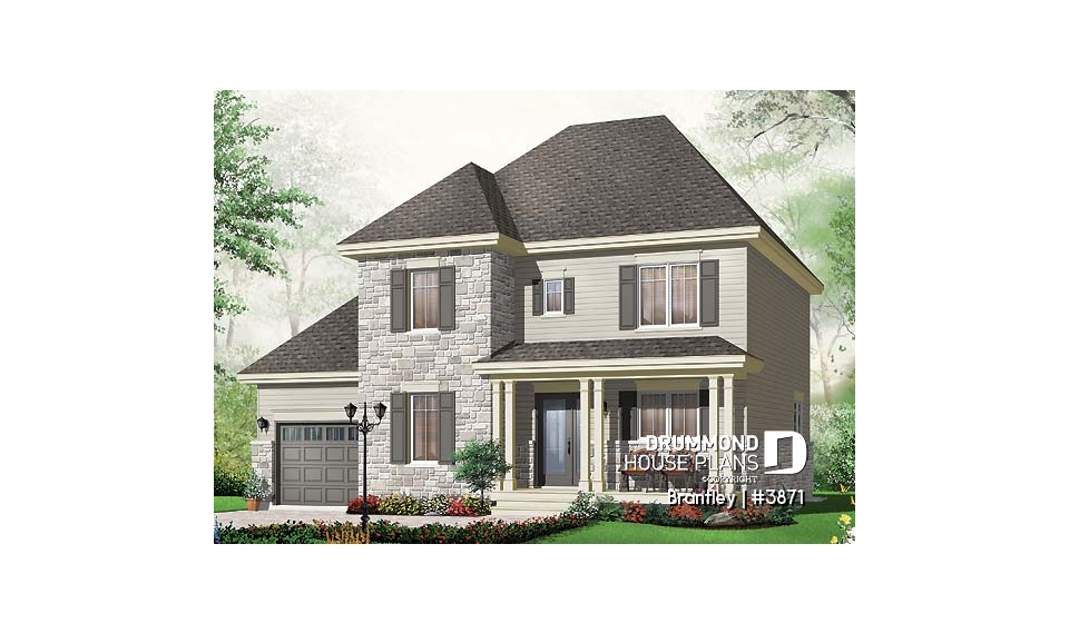 front - BASE MODEL - English style house plan, adjoining secondary bedrooms, large kitchen island, unfinished full basement - Brantley