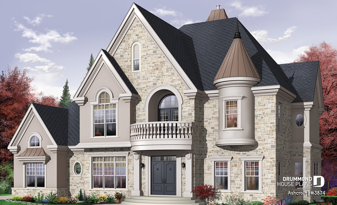 front - BASE MODEL - Superb 4 bedroom European house plan with home elevator, master suite, large bonus room and a triple garage - Ashcroft