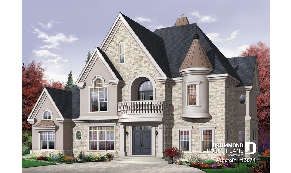 front - BASE MODEL - Superb 4 bedroom European house plan with home elevator, master suite, large bonus room and a triple garage - Ashcroft