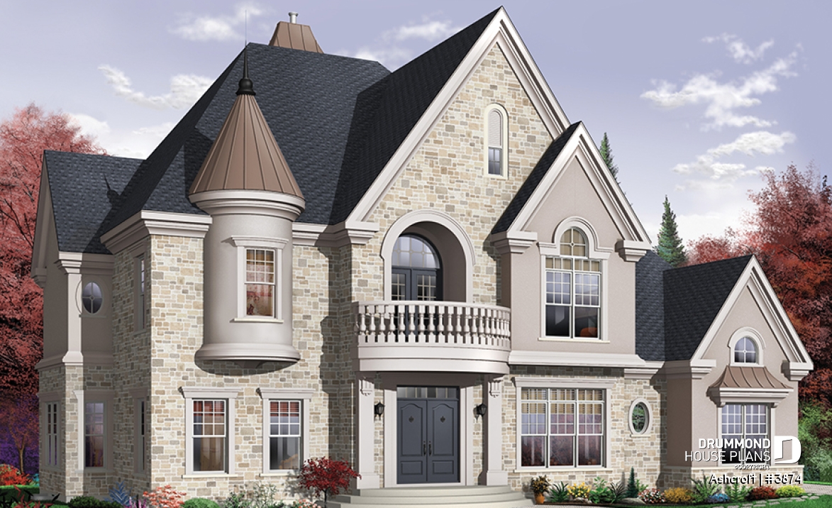 front - BASE MODEL - Superb 4 bedroom European house plan with home elevator, master suite, large bonus room and a triple garage - Ashcroft