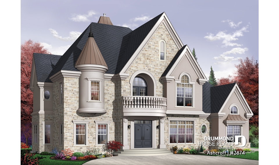 front - BASE MODEL - Superb 4 bedroom European house plan with home elevator, master suite, large bonus room and a triple garage - Ashcroft