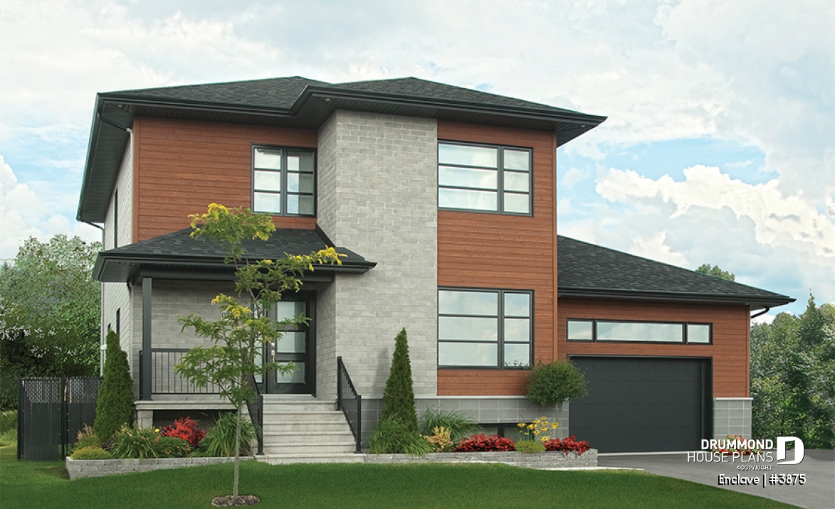 front - BASE MODEL - Affordable2 story modern house plan with garage, master suite, 3 beds, 2.5 baths, fireplace in kitchen - Enclave