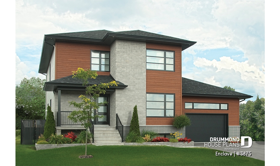 front - BASE MODEL - Affordable2 story modern house plan with garage, master suite, 3 beds, 2.5 baths, fireplace in kitchen - Enclave